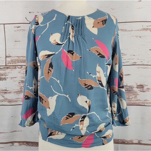 Boden Easy Printed Top Pleated Leaf Print Blue Size 2 - Picture 1 of 6